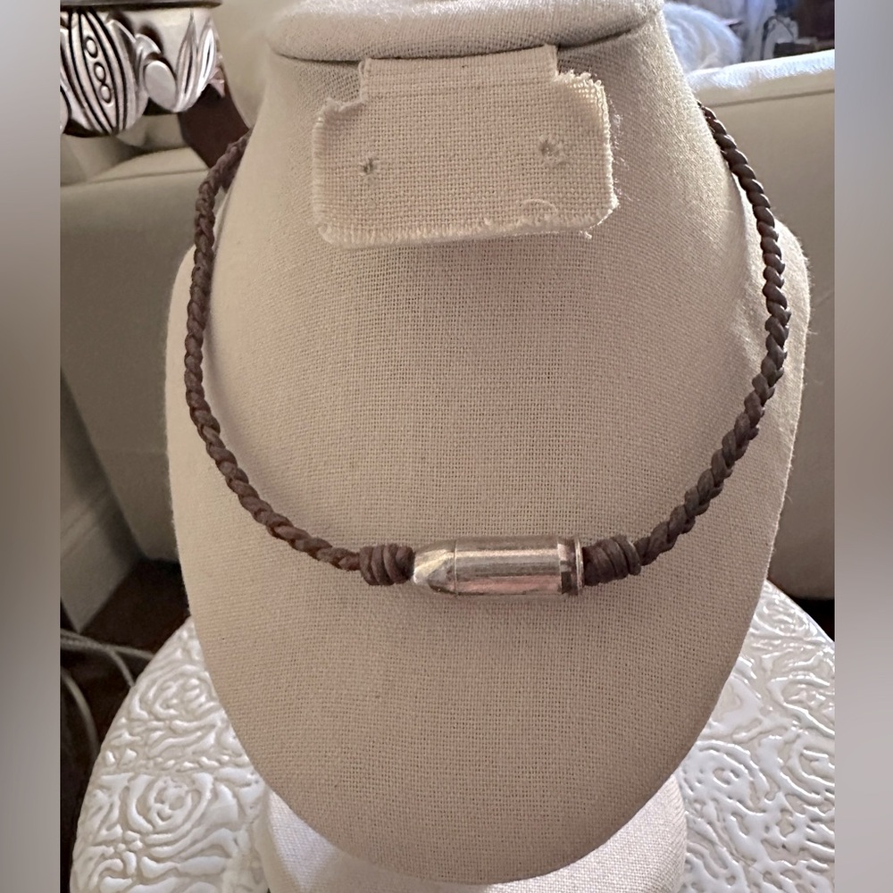 Unisex Braided Leather Brown Necklace with Silver Bullet shape Accent ~18.25 in